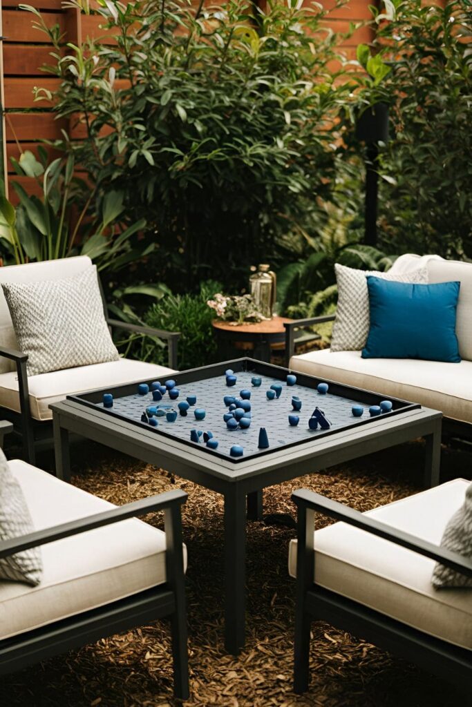 Outdoor board game area with a sturdy table, waterproof game pieces, and a family enjoying games surrounded by greenery and comfortable seating