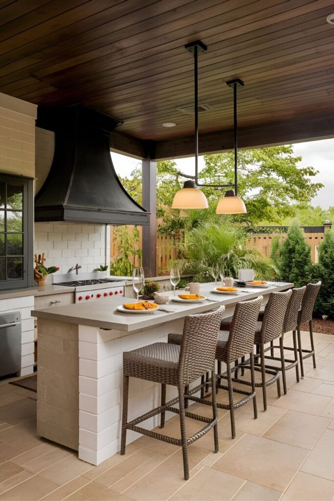 Outdoor kitchen or patio area with a breakfast bar perfect for alfresco dining with comfortable seating and fresh-air ambiance