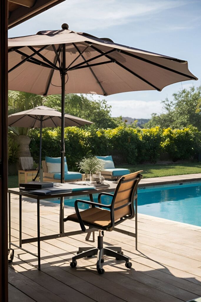 Outdoor office space with a weather-resistant desk and chair shaded by an umbrella, overlooking a pool