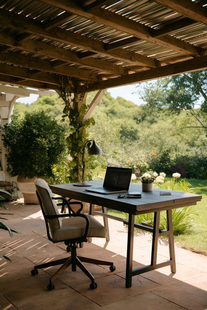 Outdoor workstation with a sturdy table, a comfortable chair, and a laptop, set in a shaded patio area with greenery and flowers around