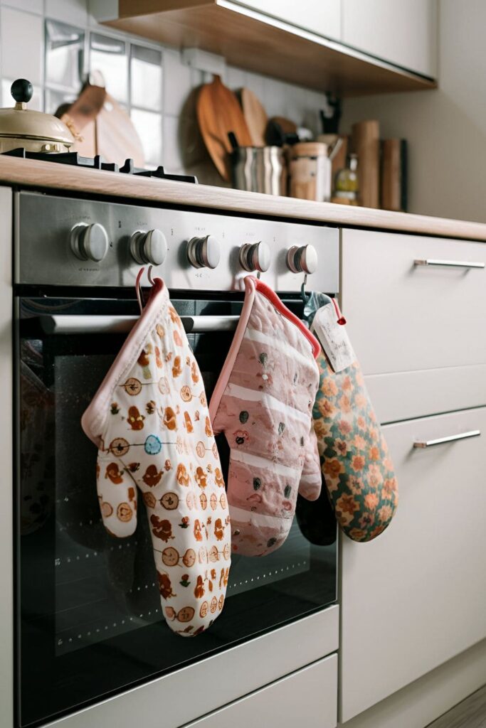 Oven mitts with cute patterns hanging on hooks and over the oven handle