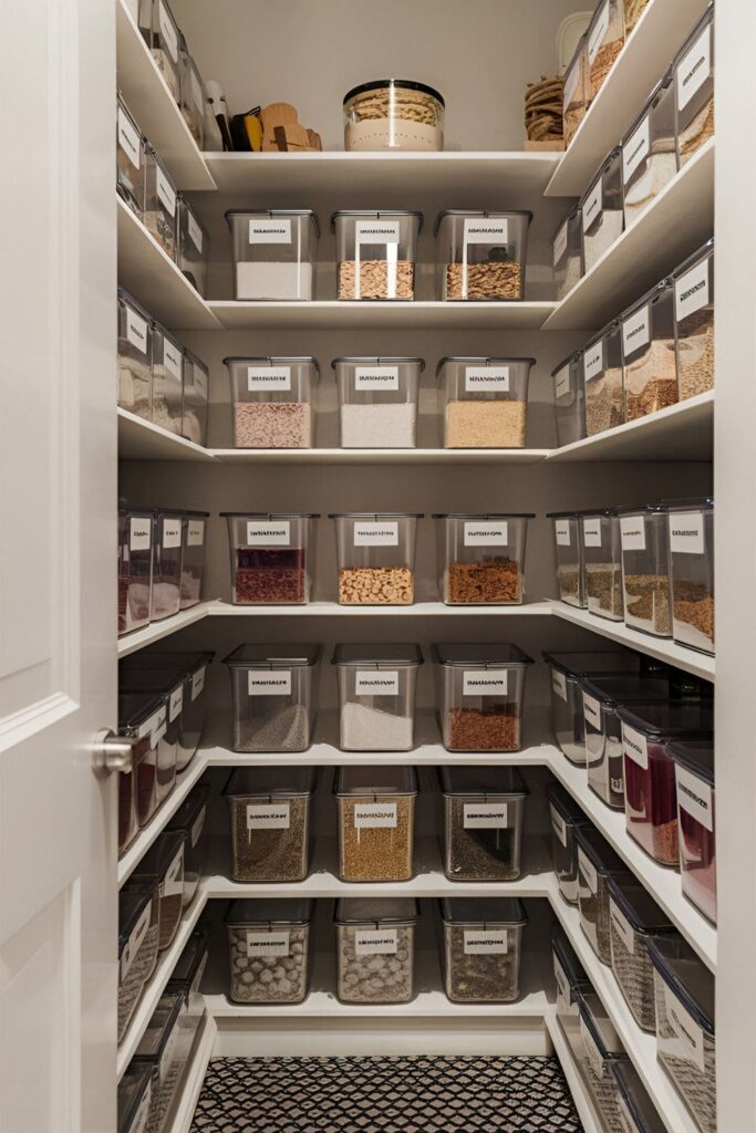 Pantry in a small kitchen organized with clear, stackable containers. Each container is labeled and neatly stacked, making it easy to see and access ingredients