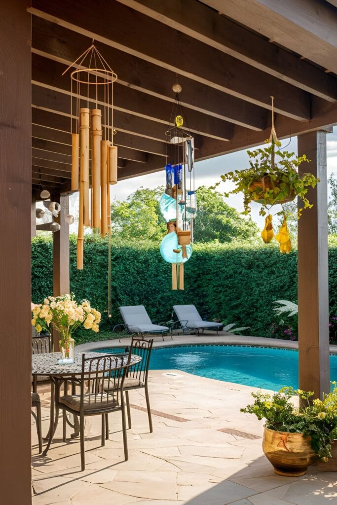 Patio adorned with decorative wind chimes made from bamboo, metal, and glass, hanging around the pool area