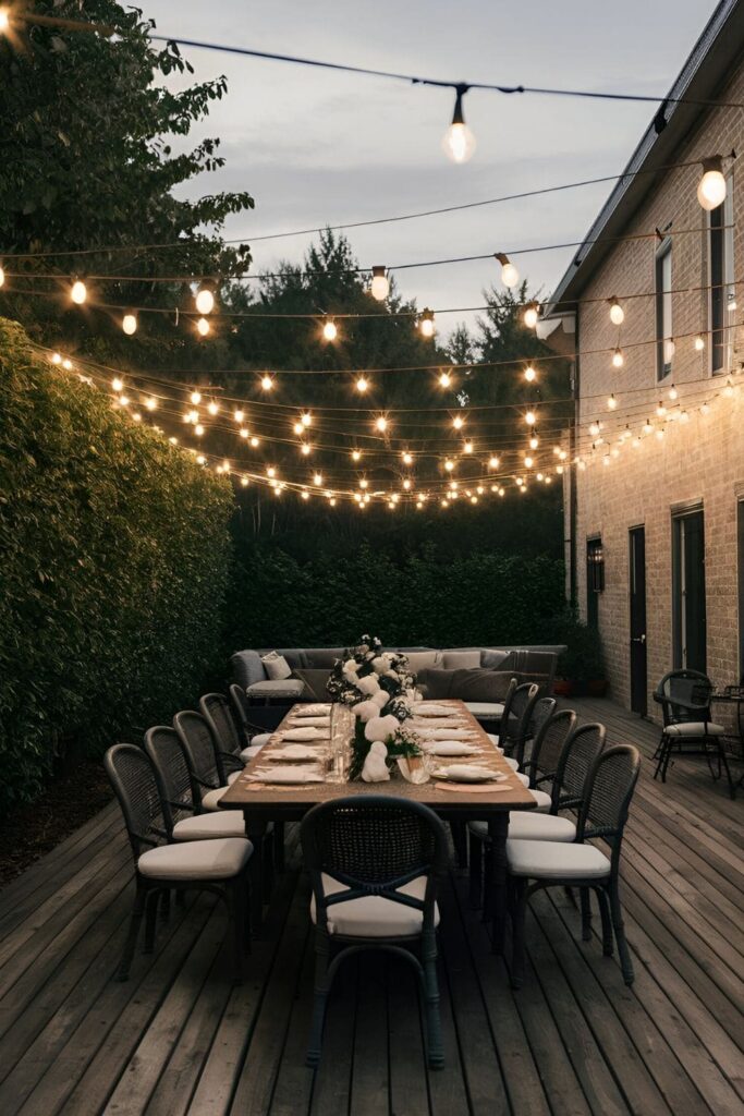 Patio decorated with bistro lights strung across the space creating a charming and festive atmosphere