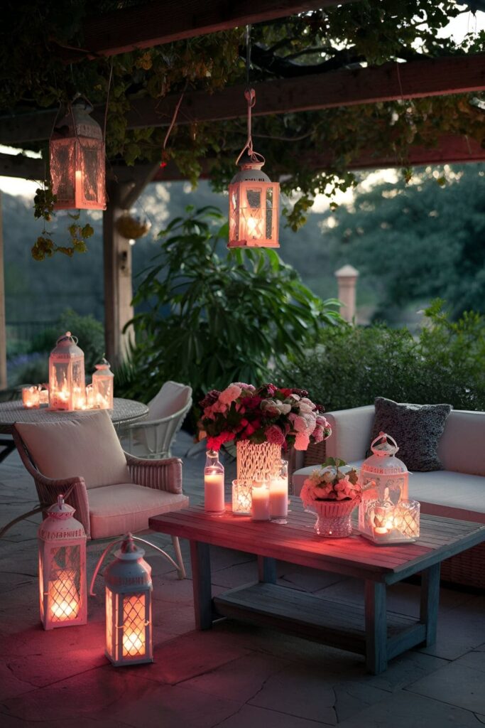 Patio decorated with romantic candle lanterns placed on tables and hanging from hooks, creating a soft, warm glow in the evening