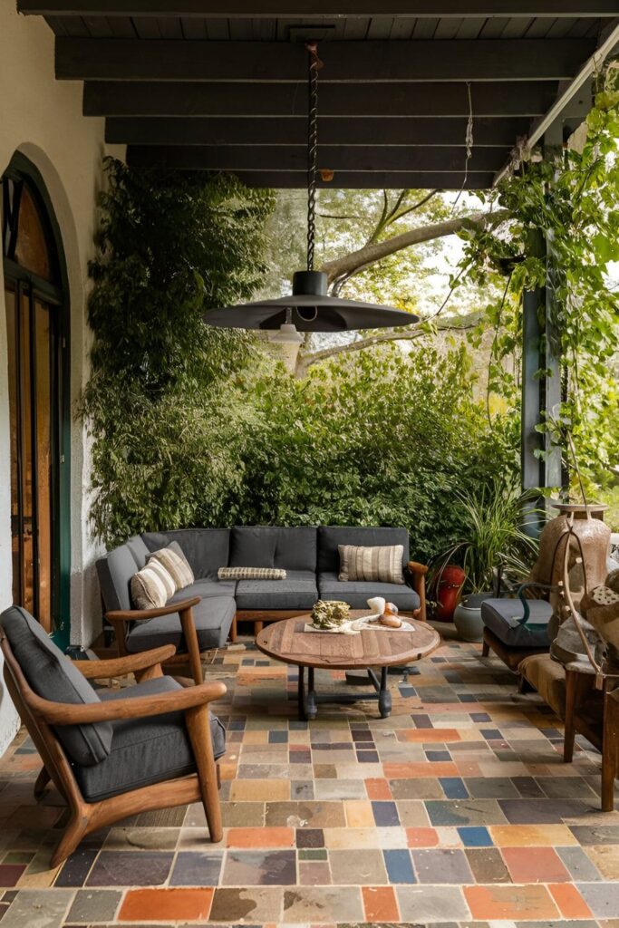 Patio featuring hand-carved wooden furniture, bespoke metalwork, and custom pottery by local artisans