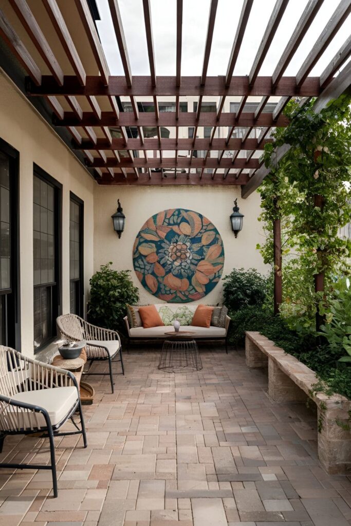 Patio featuring outdoor art pieces such as sculptures, murals, and metal art serving as elegant focal points