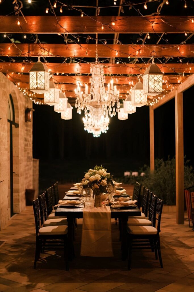 Patio illuminated by hanging lanterns and chandeliers creating a magical atmosphere with soft, warm lighting