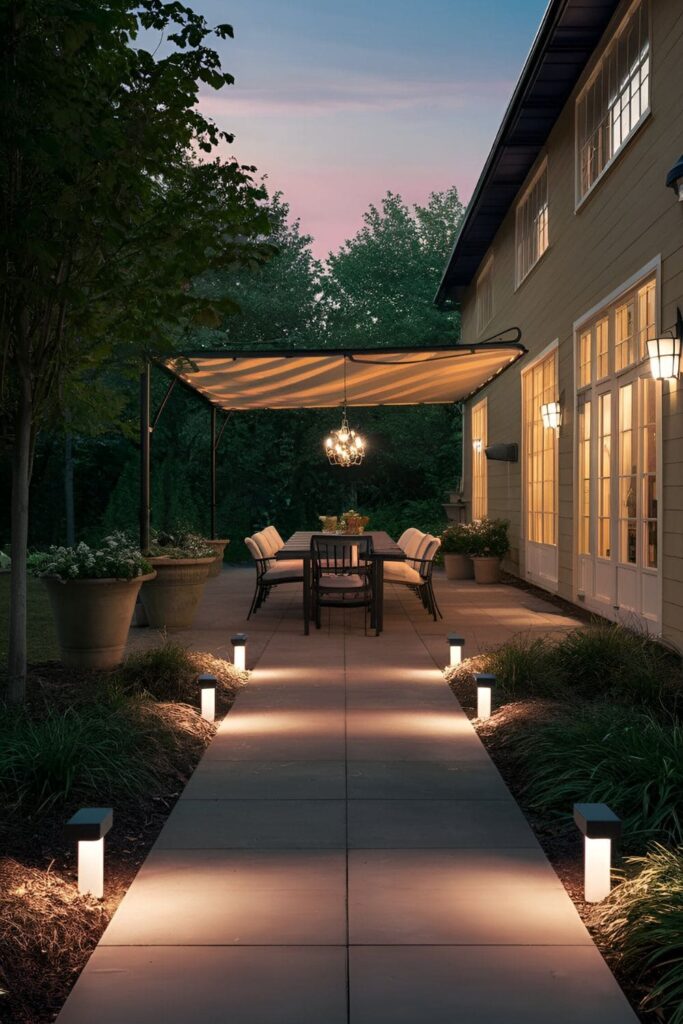 Patio illuminated by stylish solar lights lining the pathways and placed in planters, creating a warm and inviting atmosphere