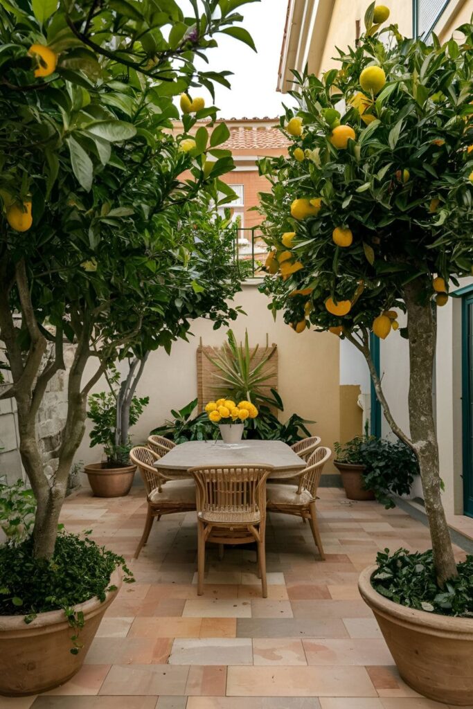 Patio surrounded by citrus trees like lemon, lime, and orange trees adding greenery and a delightful fragrance