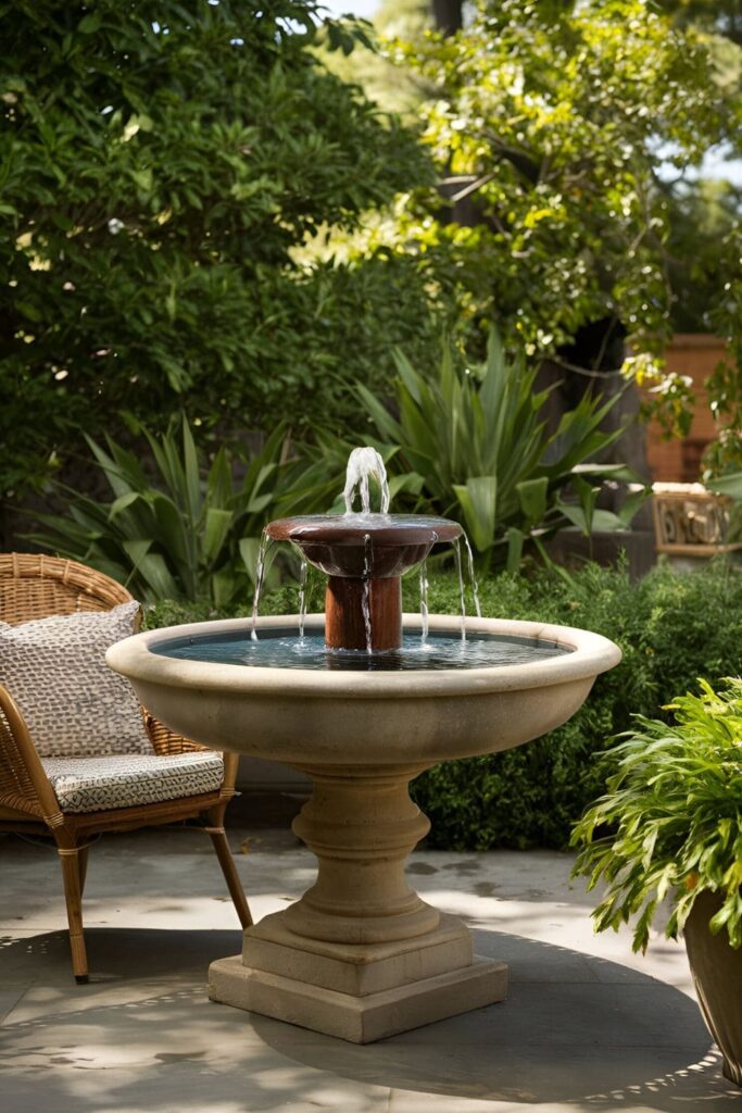 Patio table combined with a water fountain, featuring a sturdy base and a shallow basin with water circulating, serving as a calming focal point