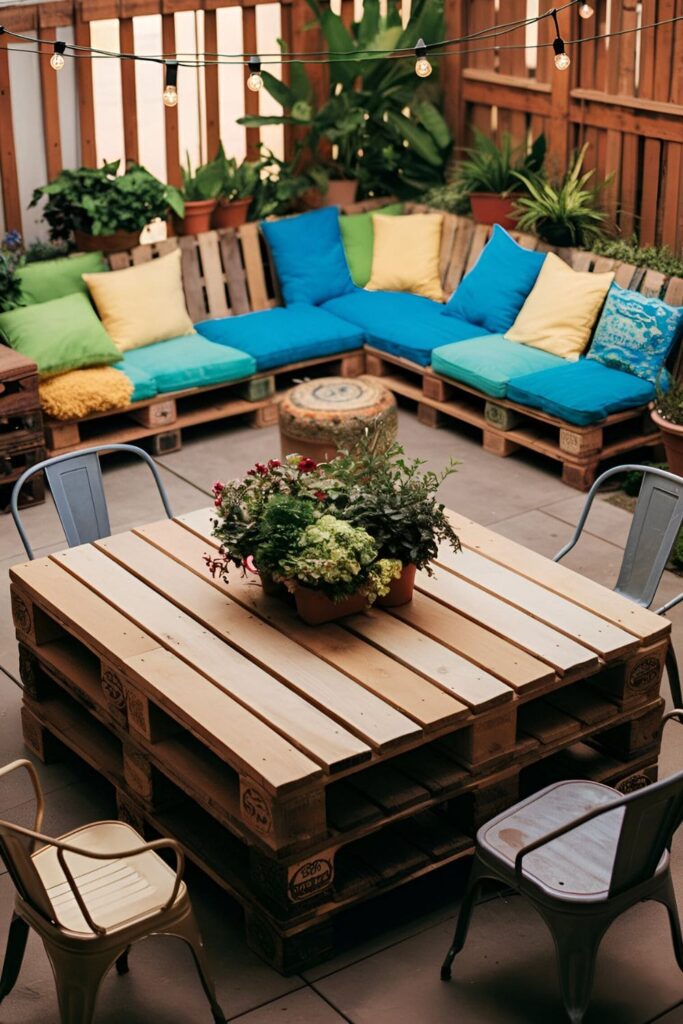 Patio with DIY furniture made from pallets, including a sofa and a table, decorated with colorful cushions and potted plants