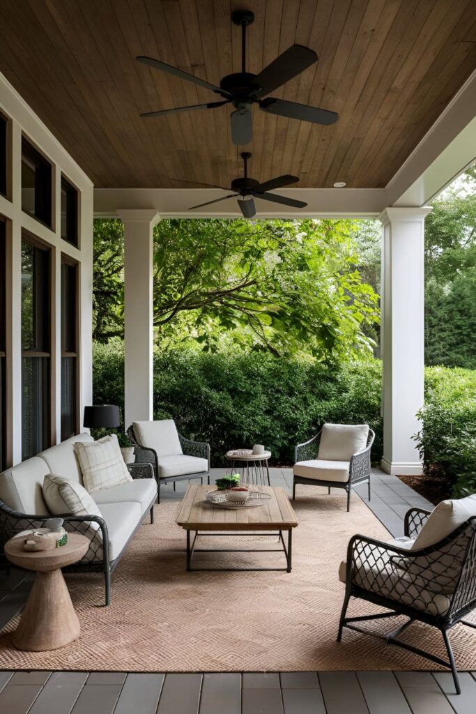 Patio with outdoor ceiling fans designed to keep the area cool on hot days, surrounded by comfortable seating and lush greenery