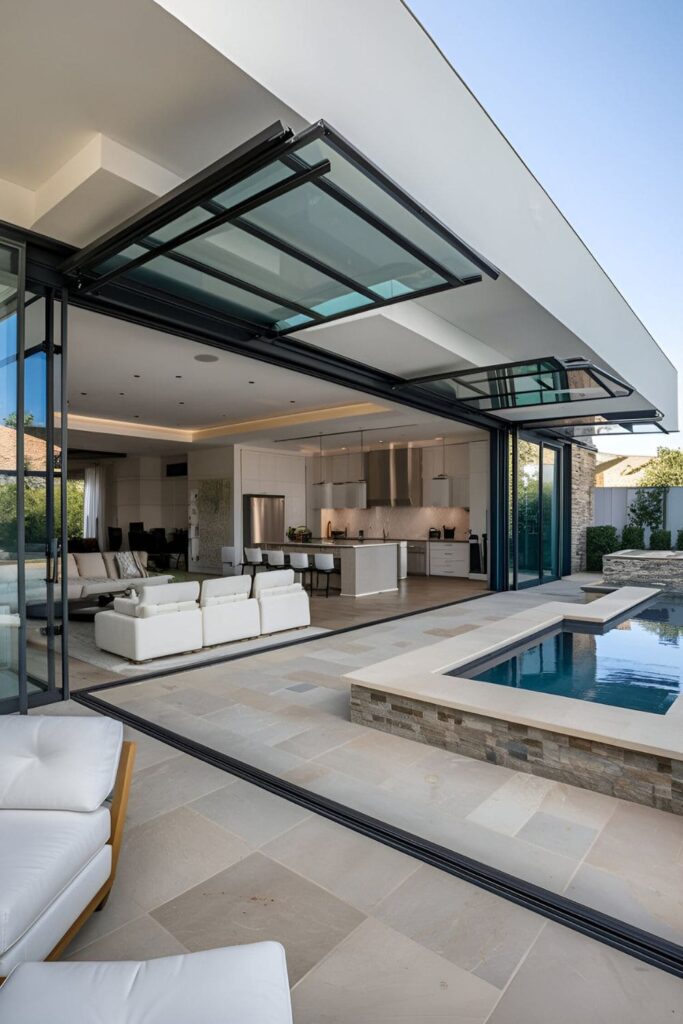 Patio with retractable glass walls that open up to a pool area allowing for seamless indoor-outdoor living