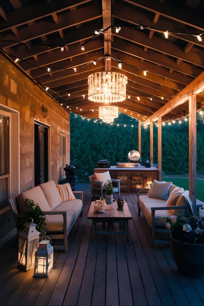 Patio with unique lighting fixtures, including lanterns, fairy lights, and chandeliers, creating a warm and enchanting ambiance in the evening