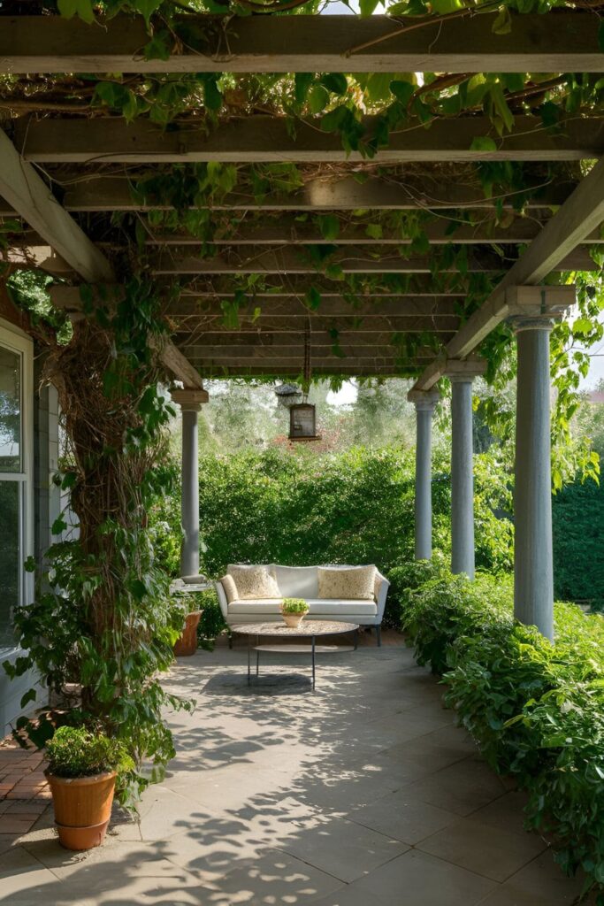 Pergola covered with lush, fast-growing vines like wisteria or ivy, creating a shaded and picturesque spot on a beautifully designed patio