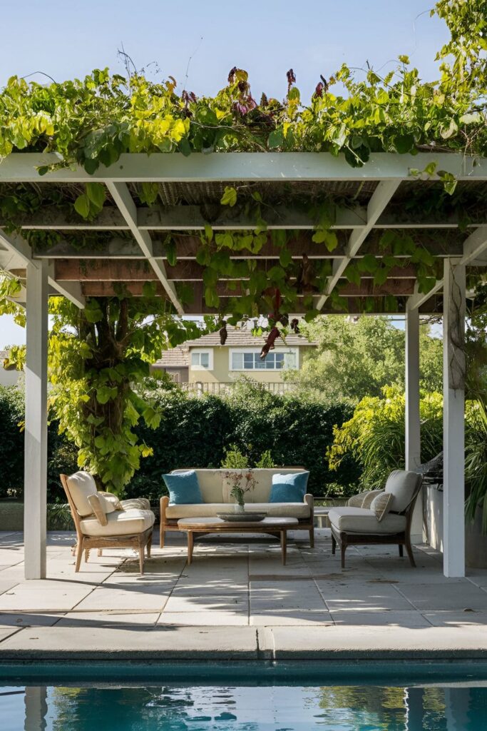 Pergola with green roof covered in climbing plants like wisteria and grapevines providing shade over a poolside patio