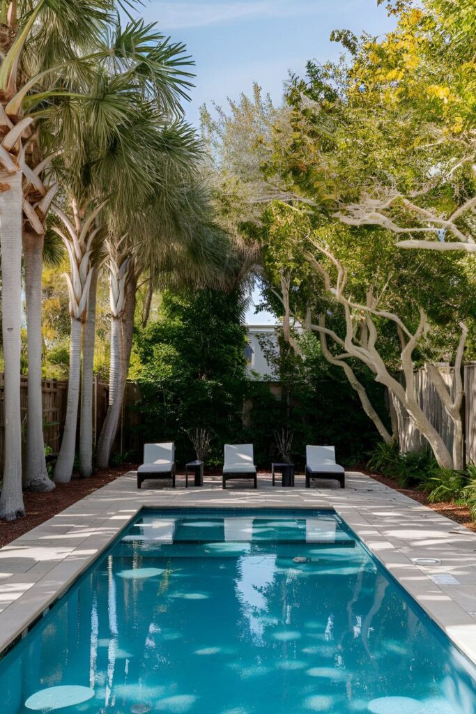 Pool area surrounded by mature trees like palm trees and oaks providing natural shade and privacy