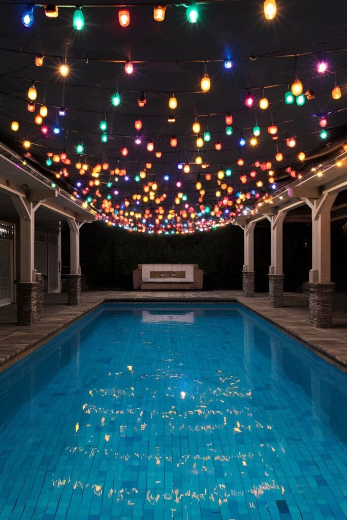 Pool illuminated by floating lights in various colors and designs creating a magical nighttime effect