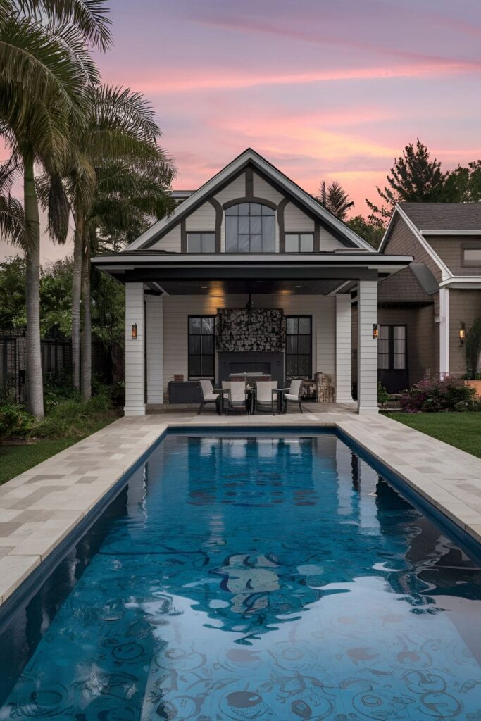 Pool with custom mosaic tiles featuring intricate designs adding a touch of luxury and personalization