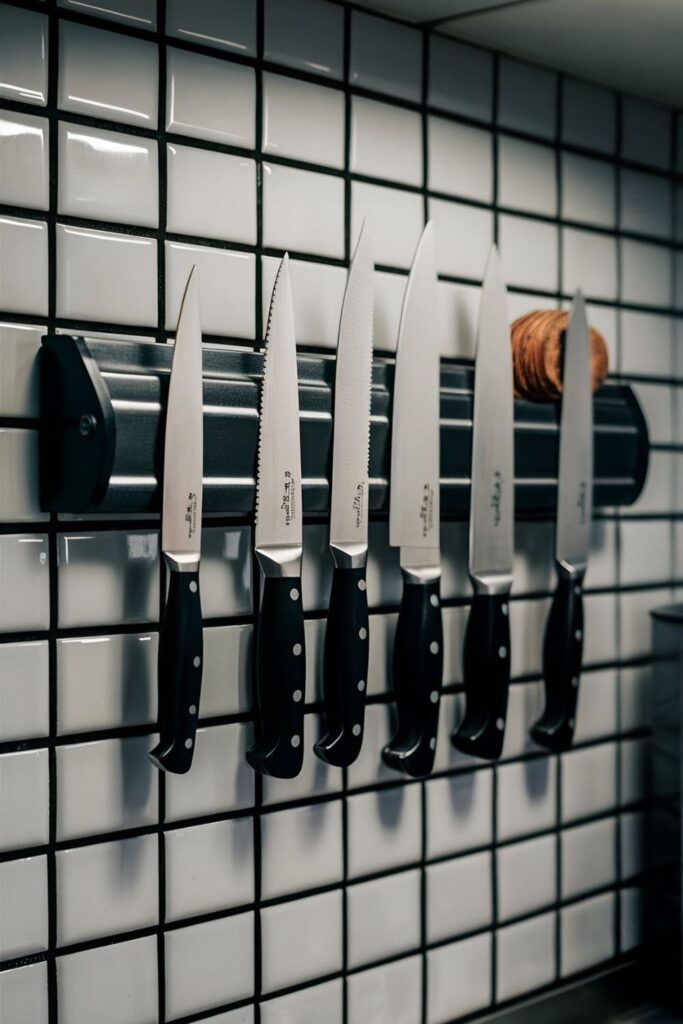 Professional kitchen with a magnetic knife strip mounted on a tiled backsplash, holding various knives and keeping the prep area tidy