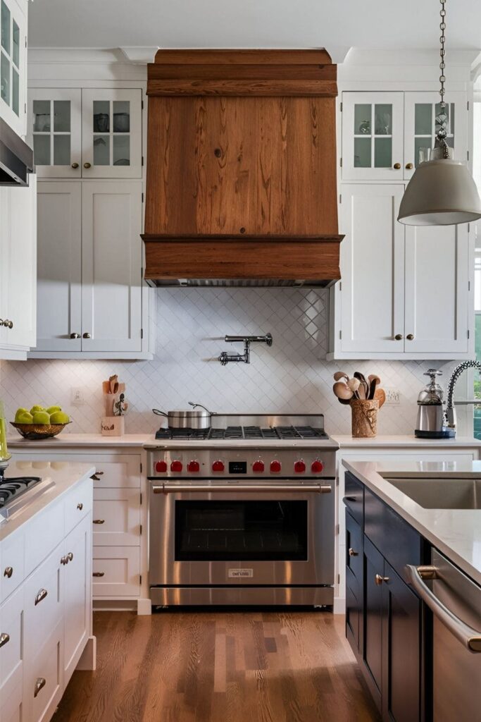 Professional-style kitchen with white cabinets and pot filler faucet above the stove