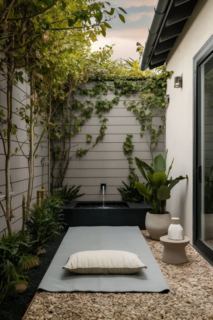 Quiet corner of a patio designed for meditation with a comfortable mat, calming decor, and a small water feature