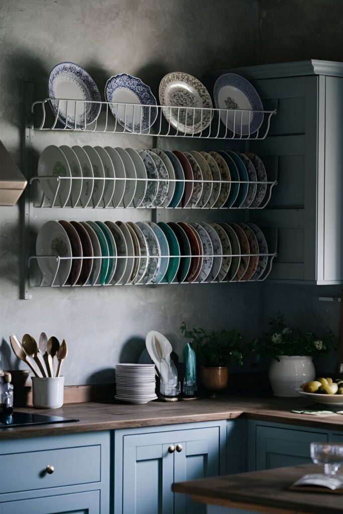 Rustic kitchen with an open plate rack mounted on the wall, displaying beautifully patterned plates for elegance and easy access