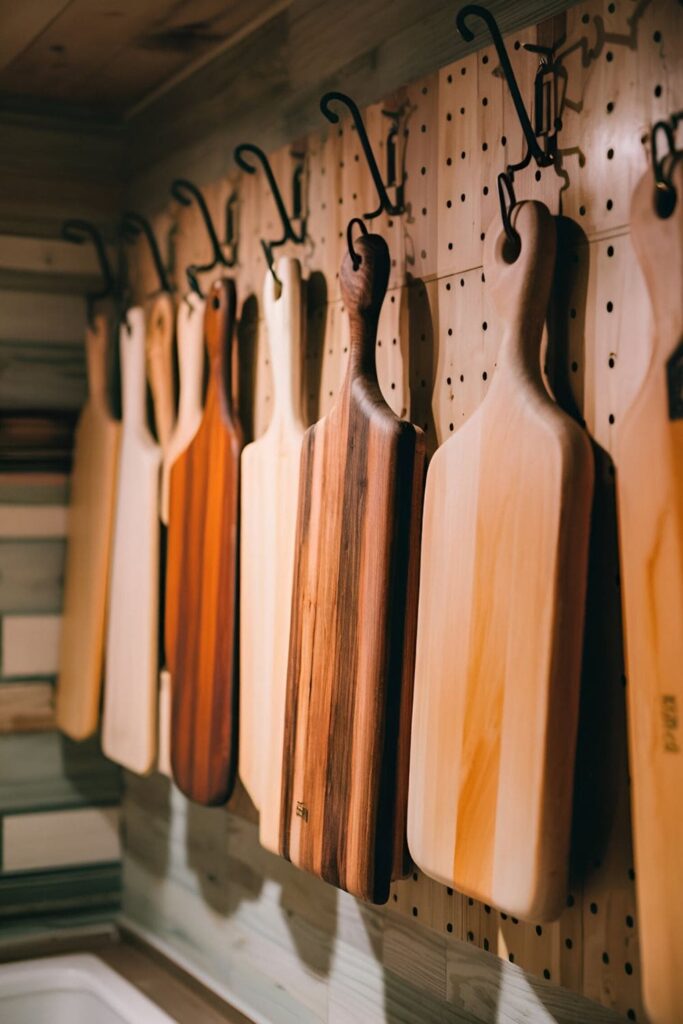 Rustic kitchen with cutting boards of different shapes and wood grains hanging neatly on hooks or a pegboard on the wall, adding functionality and decor