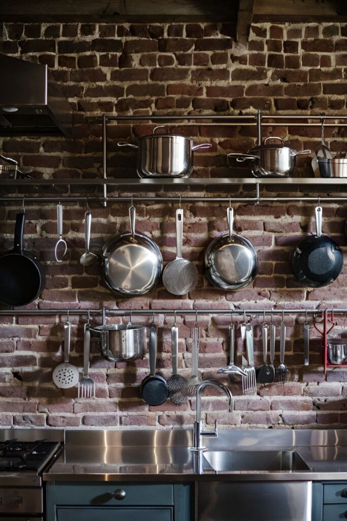 Rustic kitchen with stainless steel rails and hooks mounted on a brick wall, displaying neatly hanging pots, pans, and utensils