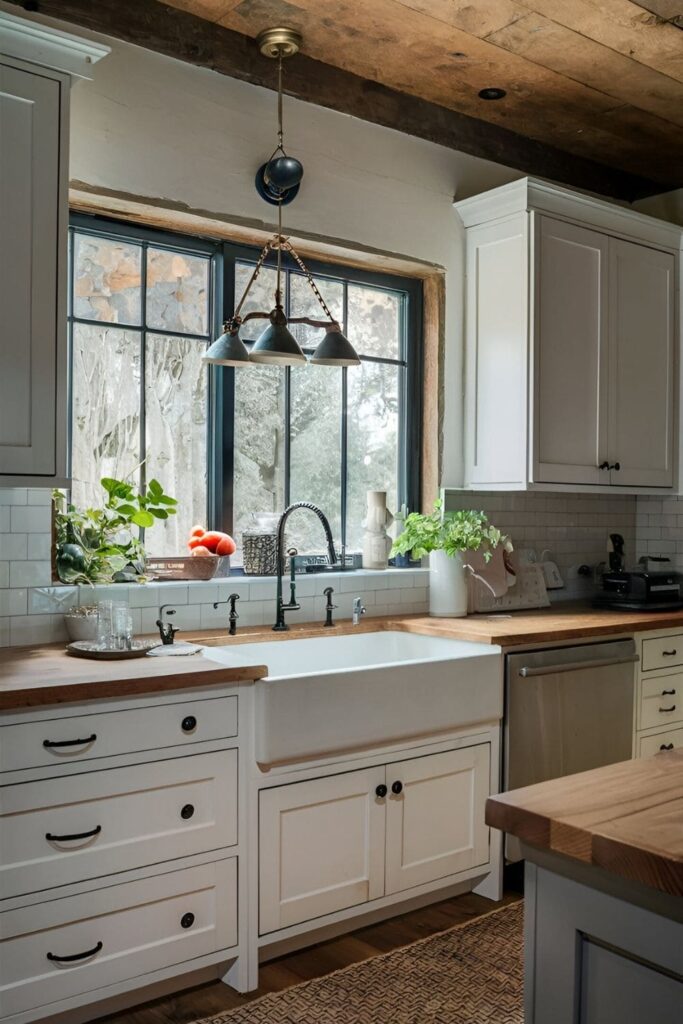 Rustic kitchen with white cabinets and deep porcelain farmhouse sink