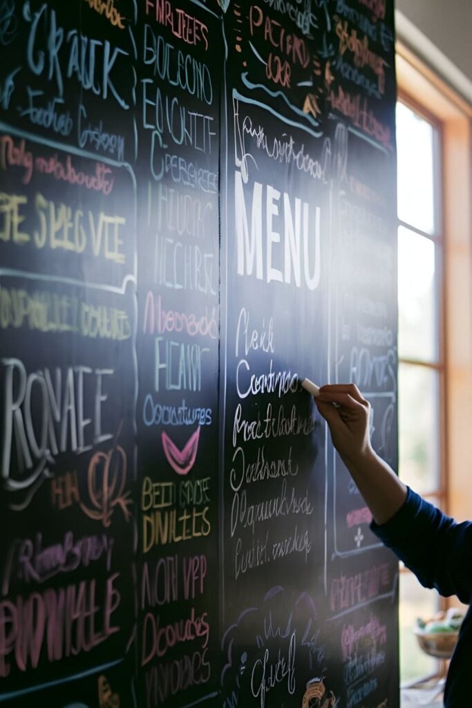 Section of a kitchen wall painted with chalkboard paint, displaying a handwritten menu and doodles, with a person writing on the chalkboard