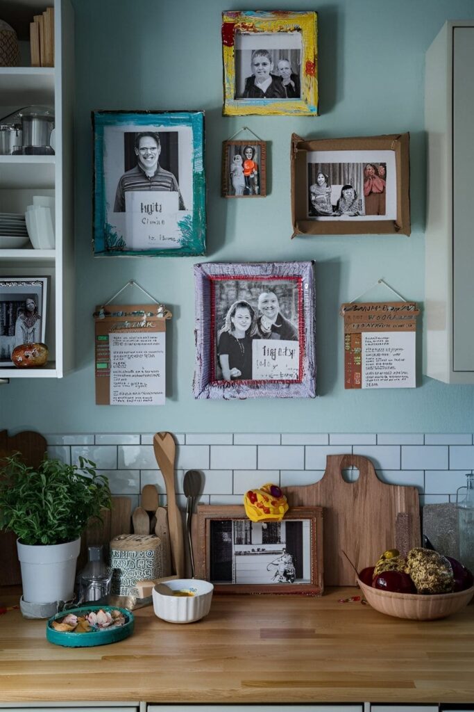 Several handmade cardboard photo frames, each uniquely decorated with paint and fabric, displaying family photos and recipe cards in a cozy kitchen