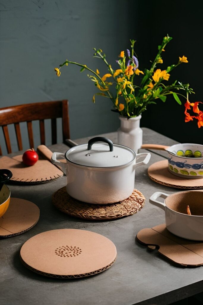 Several heat-resistant cardboard trivets in various shapes and designs, placed on a kitchen table under hot pots and pans