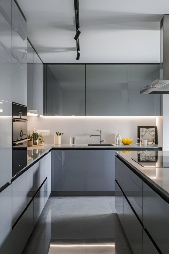 Sleek, contemporary kitchen with high-gloss grey cabinets, minimalistic decor, and clean, reflective surfaces