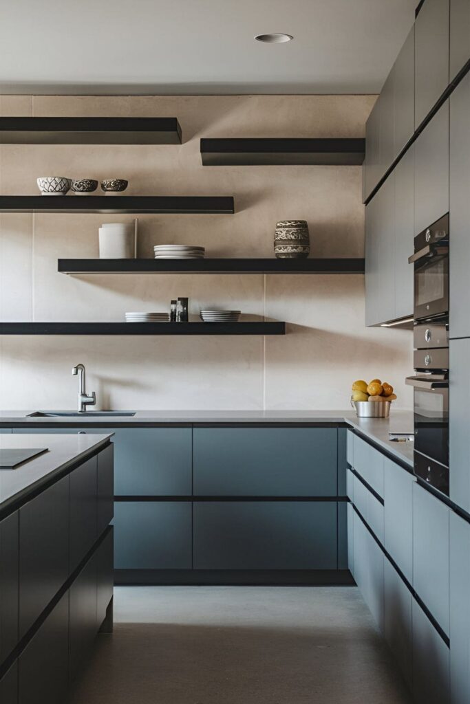 Sleek, minimalist kitchen with floating shelves of varying lengths holding decorative items and essentials, blending with modern decor