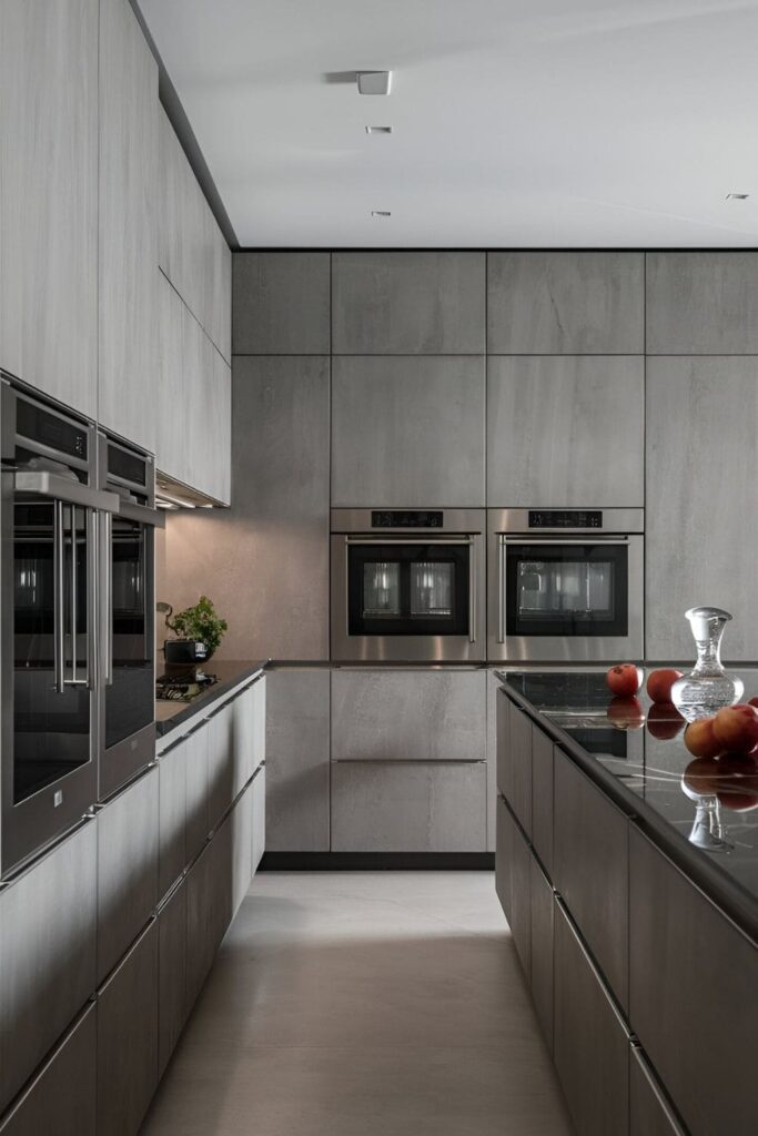 Sleek, modern kitchen with grey cabinets and integrated stainless steel appliances for a seamless look