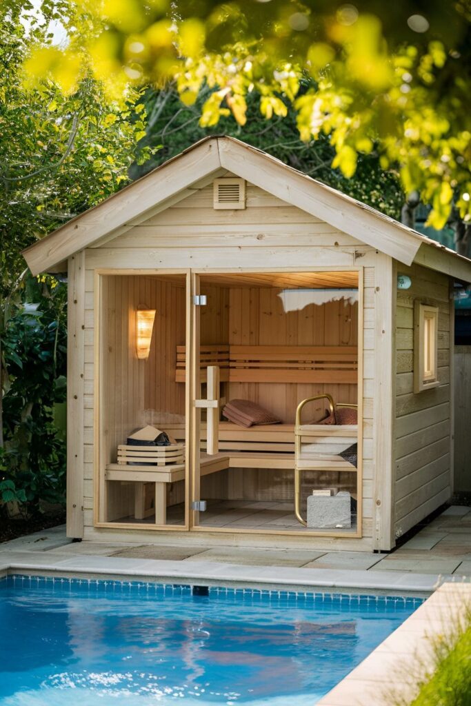 Small, high-quality sauna built near a pool providing a spa-like experience with natural wood finishes