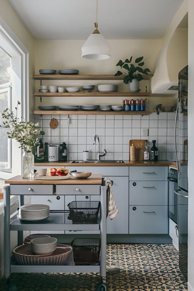 Small kitchen featuring a rolling cart with shelves and drawers, used as extra counter space and a mobile prep station. The cart can be easily rolled away when not in use