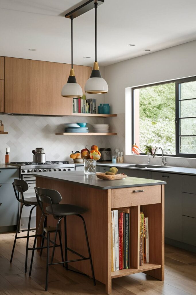 Small kitchen island with a pop-up table extension, offering additional seating or serving space when needed