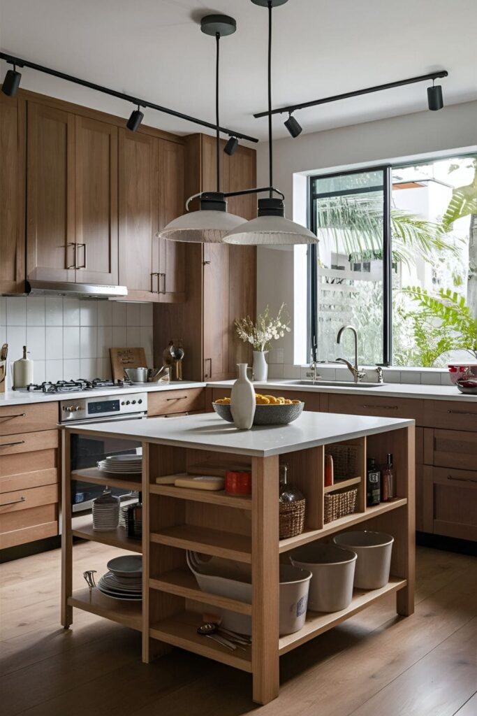 Small kitchen with a multi-purpose island featuring built-in shelves and storage compartments, serving as a prep area, dining table, and storage unit