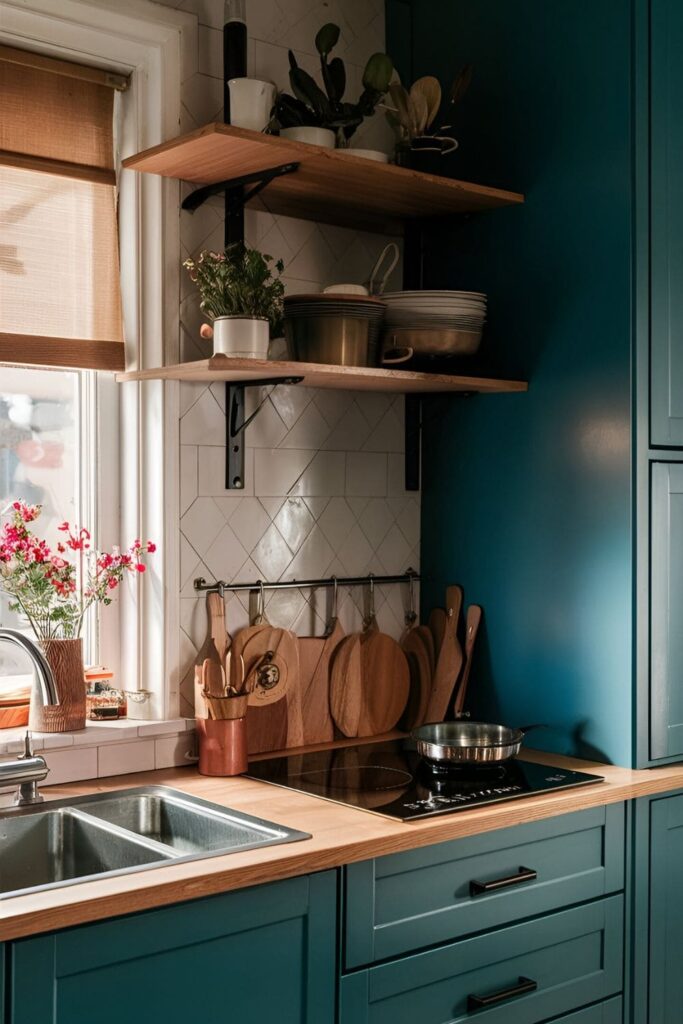 Small kitchen with a portable induction cooktop on the counter. The compact cooktop is efficient, heats up quickly, and can be stored away when not in use