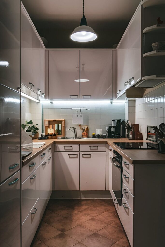 Small kitchen with bright LED strip lights installed under the cabinets, illuminating the countertop workspace. The lighting makes the space feel open and functional