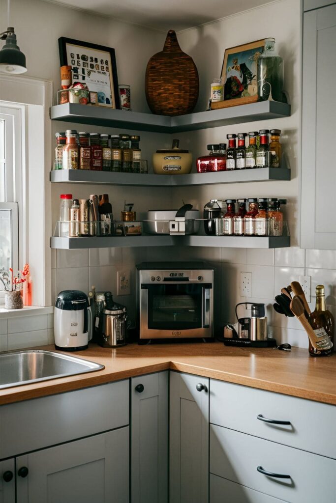 Small kitchen with floating corner shelves holding spices, small appliances, and decorative items. The shelves make use of otherwise unused space and add a modern touch