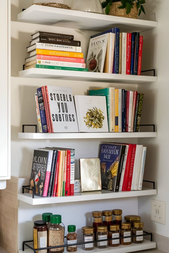 Small kitchen with floating shelves holding cookbooks, decorative items, and spices. The shelves are arranged artfully, providing storage without adding bulk