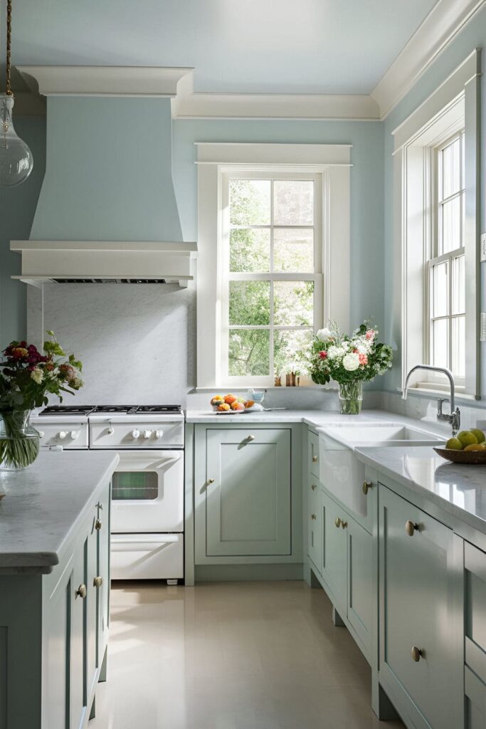 Small kitchen with light blue walls and white trim