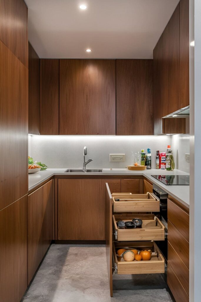 Small kitchen with pull-out cutting boards integrated into the cabinetry. The boards provide additional work surfaces and can be tucked away when not needed