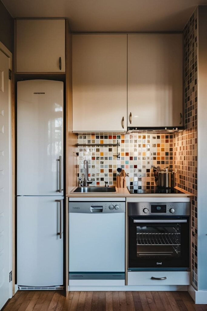 Small kitchen with slim, space-saving appliances including a narrow refrigerator, compact dishwasher, and small-scale oven, all fitting perfectly into the space