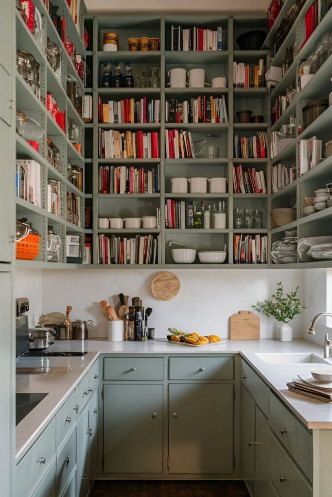 Small kitchen with tall shelves and cabinets reaching up to the ceiling, filled with neatly organized kitchenware and cookbooks. Open shelves display frequently used items