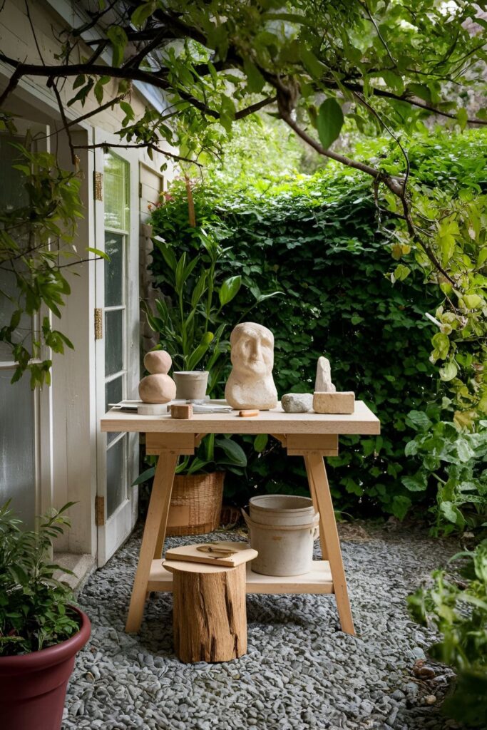 Small outdoor sculpting area featuring a workbench with clay, stone, and wood sculpting tools, set in a peaceful garden setting